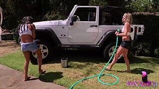 hey shy love and jenna foxx, why heat up that truck bed with wet pussy licks outdoors?