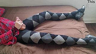 Shemale jerks off plaid dress tights!