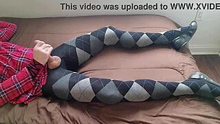 Shemale jerks off plaid dress tights!