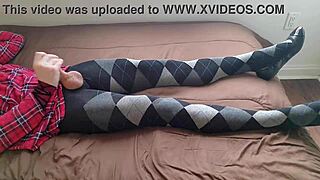 Shemale jerks off plaid dress tights!