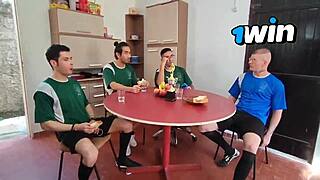 girlfriend deepthroats whole soccer team bareback while boyfriend watches?