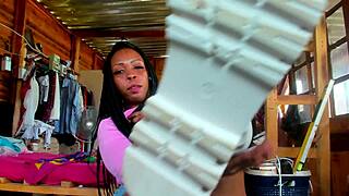 Big Booty Ebony Tries Denim Shorts and Long Boots Clothed Tease