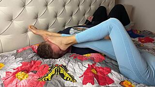 hey, foot slave, you're bound tight—now smell my sweaty feet through these leggings!