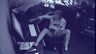 office whore fingers pussy in lingerie then gets caught banging black guy