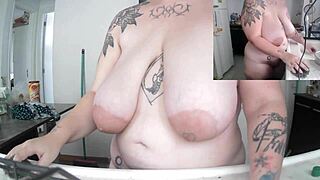 Curvy tattooed Latina BBW with huge saggy tits and big nipples does dishes fully naked in kitchen