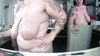 Curvy tattooed Latina BBW with huge saggy tits and big nipples does dishes fully naked in kitchen