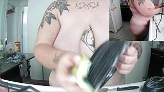 Curvy tattooed Latina BBW with huge saggy tits and big nipples does dishes fully naked in kitchen