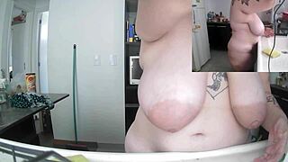 Curvy tattooed Latina BBW with huge saggy tits and big nipples does dishes fully naked in kitchen