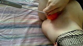 Blonde pushes bottle brush deep into pussy then ass for extreme fisting stretch