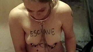 Bound french milf slave spanks pussy with huge dildo session