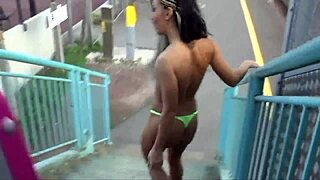 Exhibitionist Brunettes Flash Tits Ass at Train Station Lure Passenger Home for Rough Sex
