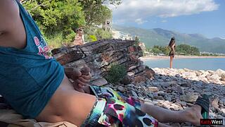 Skinny teen grabs public beach cock flashing pov blowjob till huge outdoor cum