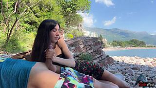 Skinny teen grabs public beach cock flashing pov blowjob till huge outdoor cum