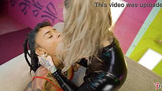 Tattooed goth blonde sluts in latex piledriver each other with deepthroat dildos and pussy licking orgasms