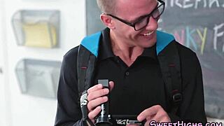 Milf teacher gobbles student's throbbing cock for creamy cum load