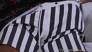 redhead shemale ariel demure's big cock throbs before she drills black stepson's tight hole