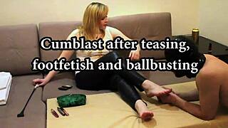 huge cumshot blasts after foot fetish ball kicking femdom session