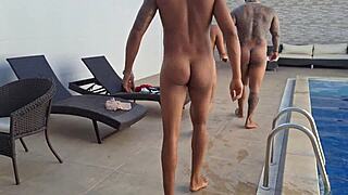 Brazilian Mulata Takes Double Penetration Poolside with Multiple Cumshots Then Dives in Red