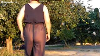 Hairy mature beaver flashes chubby pussy see-through outdoors