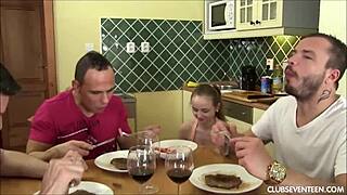 Steak and Blowjob Day! Epic Kitchen Blowbang Cumshot!