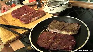 Steak and Blowjob Day! Epic Kitchen Blowbang Cumshot!