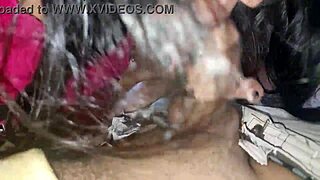 damn she's sucking that hard cock till he explodes in her mouth during outdoor lingerie ride