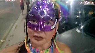 cute latina flashes her big clit in the car during carnival fun