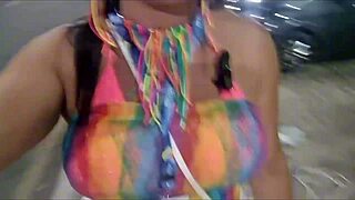 cute latina flashes her big clit in the car during carnival fun