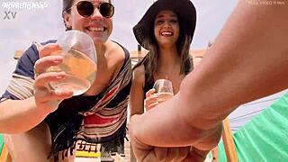 On the terrace April's big ass and Belle Amore gulp nonstop yellow pee