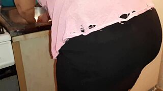 stepmom in kitchen miniskirt unaware as i riskily jerk off beside her cum explosion