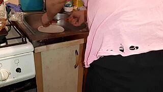 stepmom in kitchen miniskirt unaware as i riskily jerk off beside her cum explosion