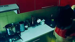 slender wife in stockings endures rough kitchen fuck bent over every position by husband