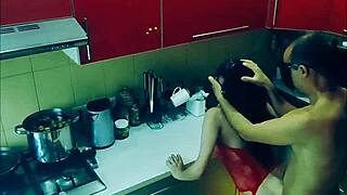 slender wife in stockings endures rough kitchen fuck bent over every position by husband