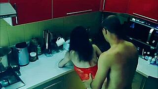 slender wife in stockings endures rough kitchen fuck bent over every position by husband