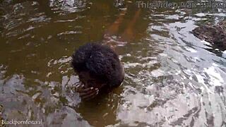 Skinny African Beauty Bathes Naked in River