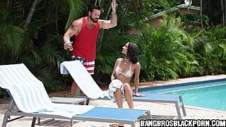 Stepdad oils up ebony teen's tight holes for interracial fun.