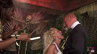 two pretty blondes and black babes lined up doggystyle slurping cocks before deep pounding