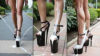 high heels legs feet glisten mysteriously under public cumshot showers everywhere