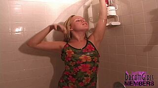Dreamy small-tit brunette spinner rips clothes to spread shaved pussy in bathroom