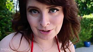 curvy bikini babe with huge tits rides dildo solo at wild pool party