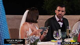 Stunning brunette bride takes first anal pounding bent over hotel bed by vixen stud