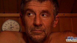 young teen fucked hard by old man in sauna blows his thick cock
