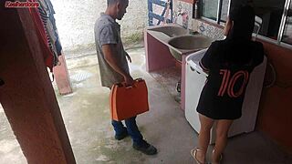 WOW! married housewife pays washing machine TECH with her BIG ASS while hubby'S OUT?!