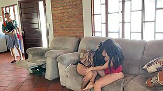 Spying stepsis leads to chubby big tits creampie trio