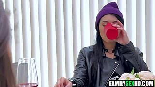 Stepdaughters Compete Sucking Stepdad's Cock In Taboo FFM Contest