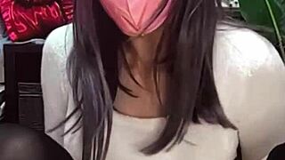 masked beauty crossdresses and masturbates on cam solo