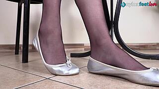 oh god, her long legs in black pantyhose tease with perfect shoeplay on the desk.