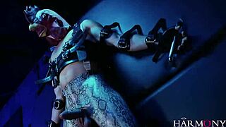 harmony vision's busty latex dominatrix deepthroats and fucks bound birdman monster cock cumshot