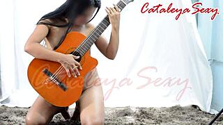 Model poses sensual in lingerie outfits then strips naked with guitar