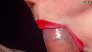 red lips lick penis in condom super close up